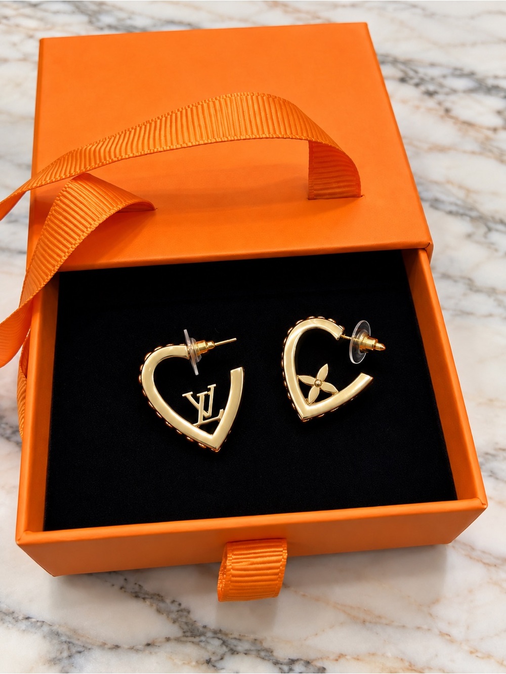 LV Designed Gold and Crystal Fluer Motif Logo Earrings